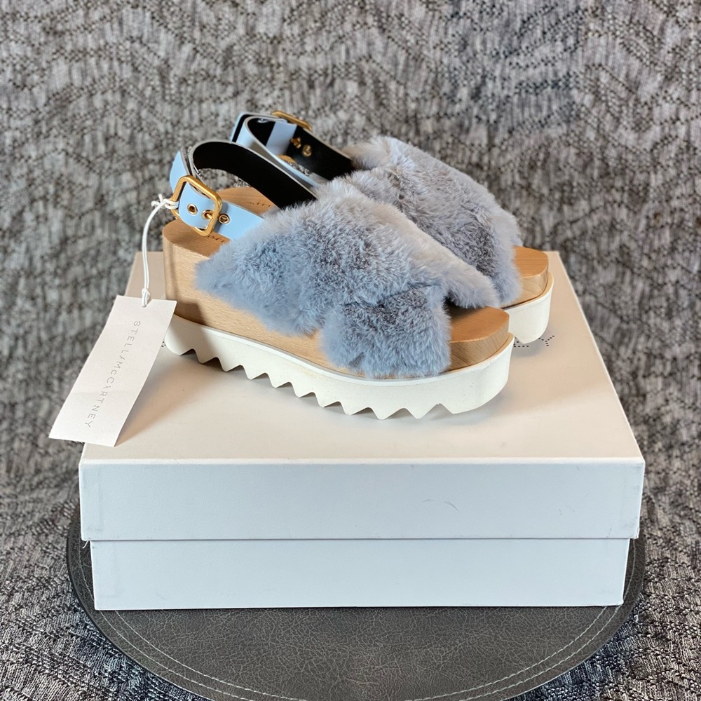 Stella McCartney Elyse Platform Sandal Blue Faux Fur 36